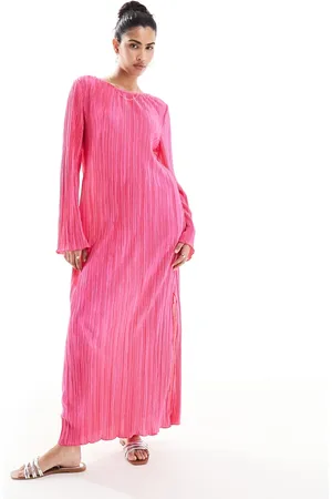 Pieces® Plisse maxi dress with side splits in bright