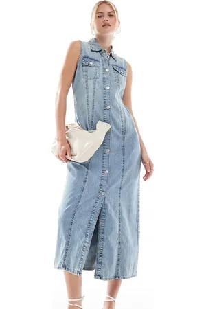 VERO MODA Button front sleeveless maxi dress in vintage denim