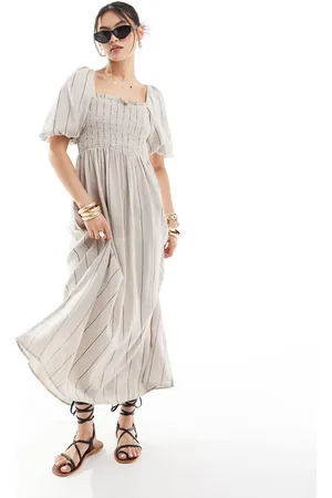 River Island Puff sleeve linen dress in light stone