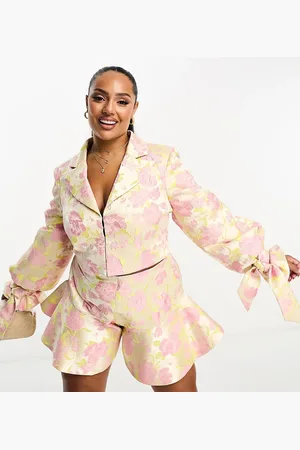 ASOS Curve jacquard cropped blazer with bow back & cuff tie detail in pink floral