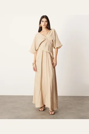 ASOS Short sleeve v neck tie detail maxi dress in stone