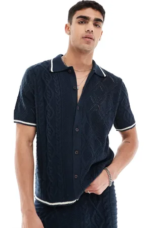 ASOS Co-ord knitted spliced cable and pointelle stitch button through polo with tipping in