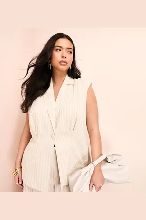 ASOS Curve linen look long line sleeveless tailored blazer with bow back in stripe print