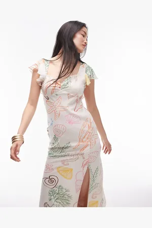 Topshop Flutter sleeve occasion midi dress in sea shore print