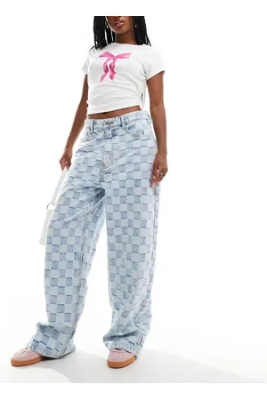 Bershka Check baggy jeans in mid