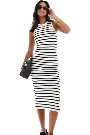 VILA Premium racer neck midi dress in black stripe