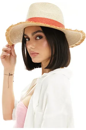 My Accessories Adjustable frayed edge fedora hat with red trim in natural
