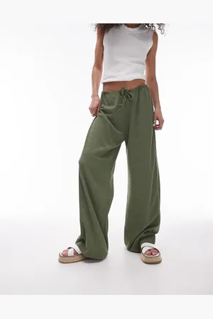 Topshop Oversized crinkle drawstring straight leg trouser in khaki