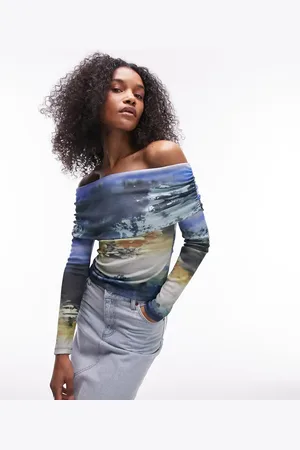 Topshop Abstract floral landscape long sleeve bardot in