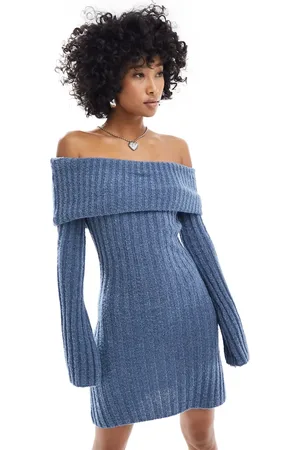 COLLUSION Knitted bardot mini dress in petrol