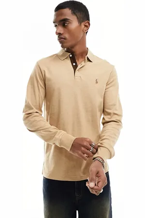 Ralph Lauren Multi icon logo long sleeve pima cotton polo custom fit in camel marl