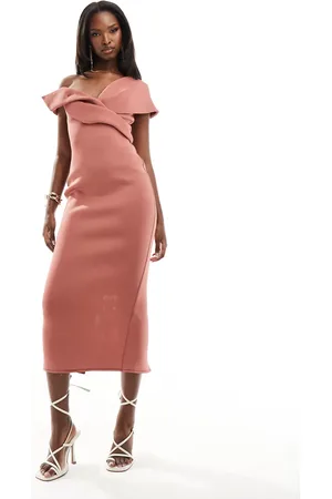 ASOS Off shoulder scuba midi dress with pleat bust in rose