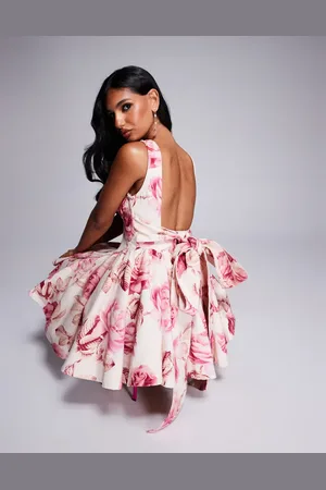 ASOS Denim corseted printed skater mini dress with bow back in pink floral