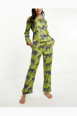 Chelsea Peers Satin zebra print button top and trouser pyjama set in khaki