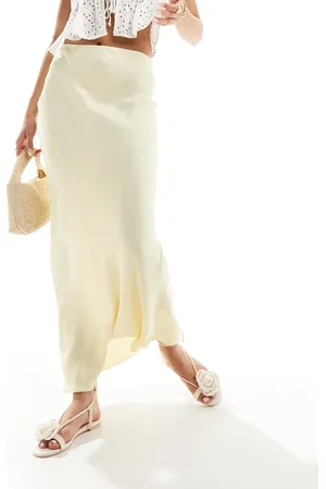 Stradivarius Satin bias midi skirt in buttermilk