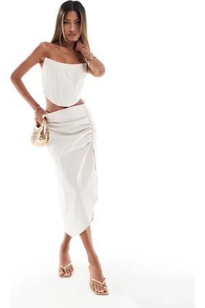 Missyempire Linen look ruched side midi skirt co-ord in stone