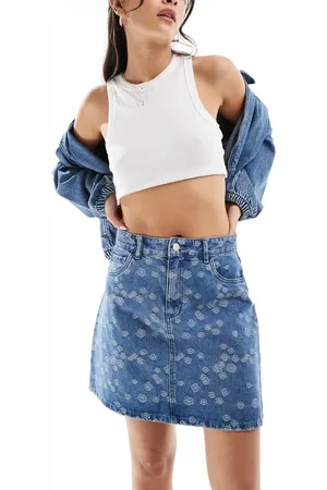 VERO MODA Denim a-line mini skirt in embroidered floral print