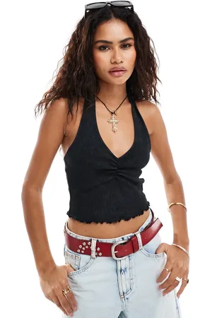 Reclaimed Rib ruched halter neck top in charcoal
