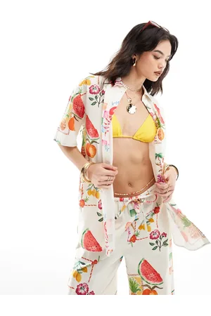 ASOS Oversized shirt with linen in postcard print co-ord