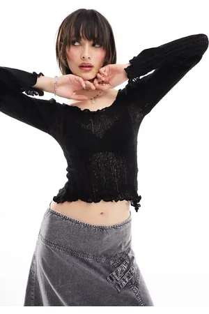COLLUSION Lettuce hem fine knit slash neck knitted top in