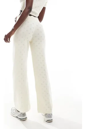 Fashionkilla Pointelle foldover waist wide leg trouser co-ord in ivory