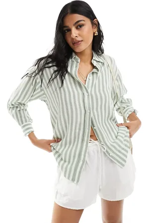 Stradivarius Relaxed fit linen look stripe shirt in light