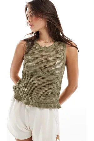 JDY Open knit frilled top in olive