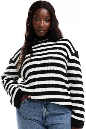 Threadbare Plus high neck oversized jumper in monochrome stripe