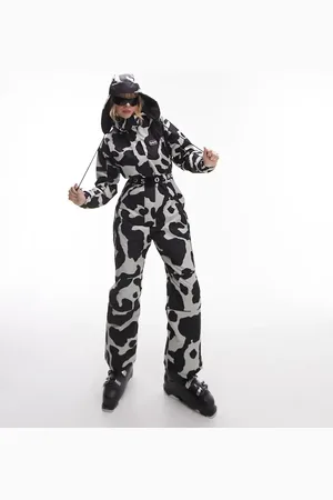 Topshop Sno cow print ski suit with hood in