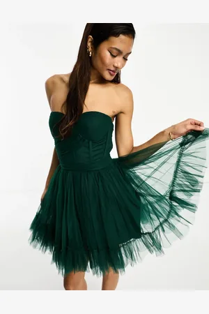 Lace & Beads Wrapped corset tulle mini dress in emerald