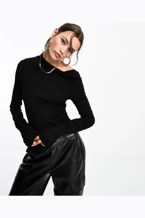 SNDYS Ruched asymmetric neckline bodysuit in