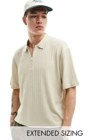 ASOS Relaxed rib polo with zip up collar in stone