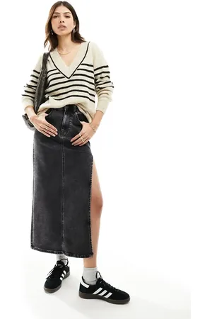 MANGO V neck stripe jumper in beige and black