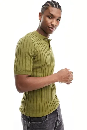 ASOS Lightweight knitted rib polo t-shirt in khaki