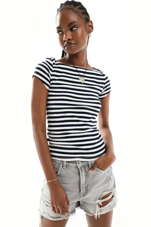 Monki Fitted short sleeve top with boat neck in navy and white stripe