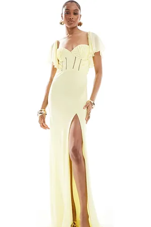 ASOS ASOS DESIGN Tall satin corset detail chiffon bias maxi dress with flutter sleeve in lemon