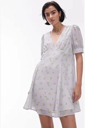 Topshop Scoop neck vintage floral mini tea dress in washed blue floral