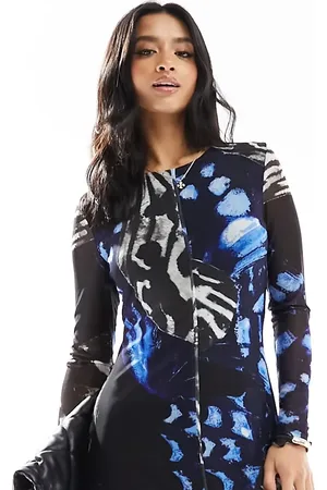VERO MODA Long sleeved lettuce edge mesh maxi dress in abstract butterfly print