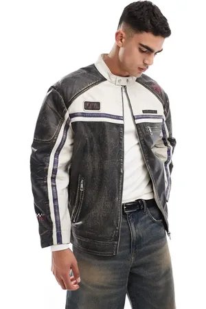 ASOS Real leather motocross jacket with badges in washed