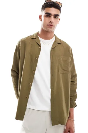 ASOS Relaxed revere shirt in linen mix with patched pocket in khaki