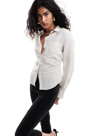 MANGO Selection cinched waist linen mix shirt in beige