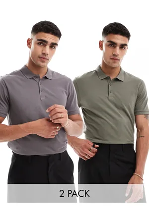 ASOS 2 pack pique polos in charcoal and khaki