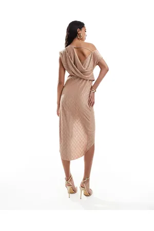 ASOS Chevron plisse high neck midi dress with cowl back in camel