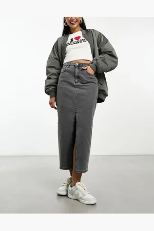 New Look Split front denim maxi skirt in light