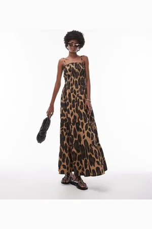 Topshop Shirred poplin midi dress in leopard print