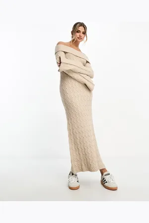 Miss Selfridge Rib chunky foldover bardot knit maxi dress in oatmeal