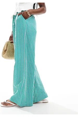 ASOS Seersucker tie waist wide leg trouser in green & pink stripe