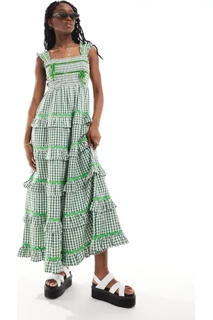 Neon Rose Gingham ruffle tiered midaxi dress in forest