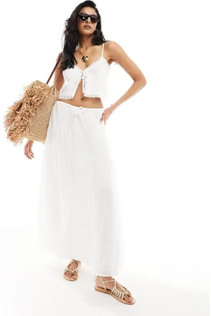 SNDYS Cotton tie waist tiered maxi skirt co-ord in