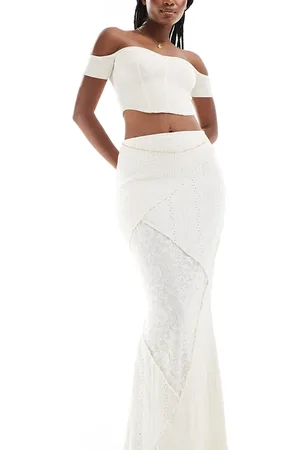 Miss Selfridge Mixed texture fluted maxi skirt in stone